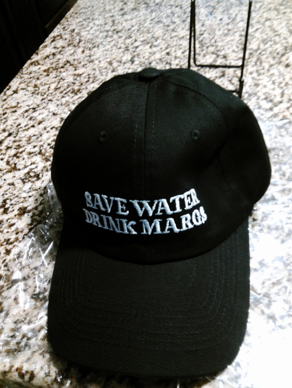 Black Embroidered Baseball Cap - "SAVE WATER DRINK MARG$"